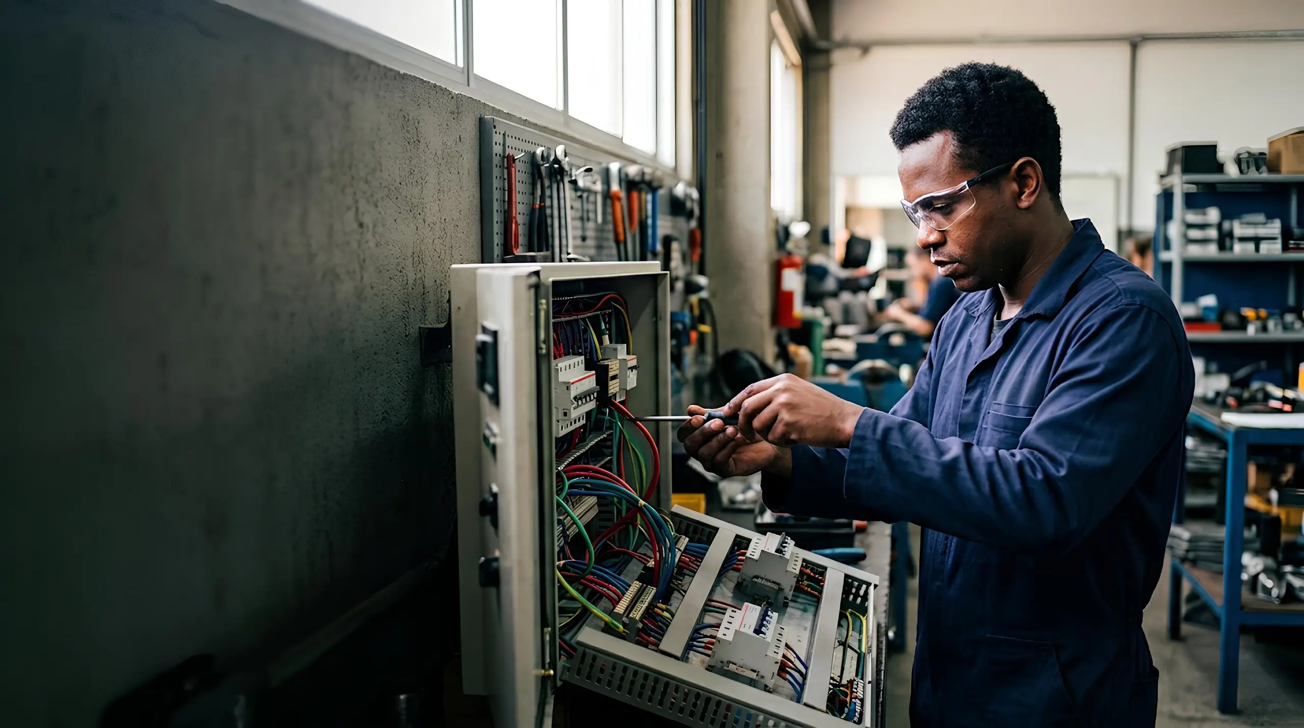 Técnico em eletrotécnica trabalhando em um painel elétrico, em oficina