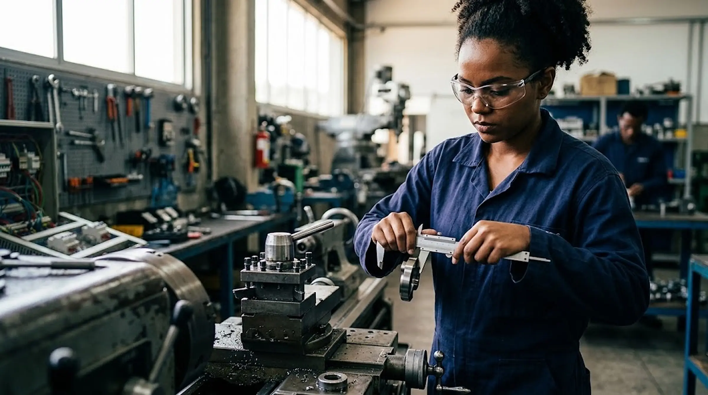 Técnica medindo uma peça com paquímetro ao lado de um torno, em oficina industrial