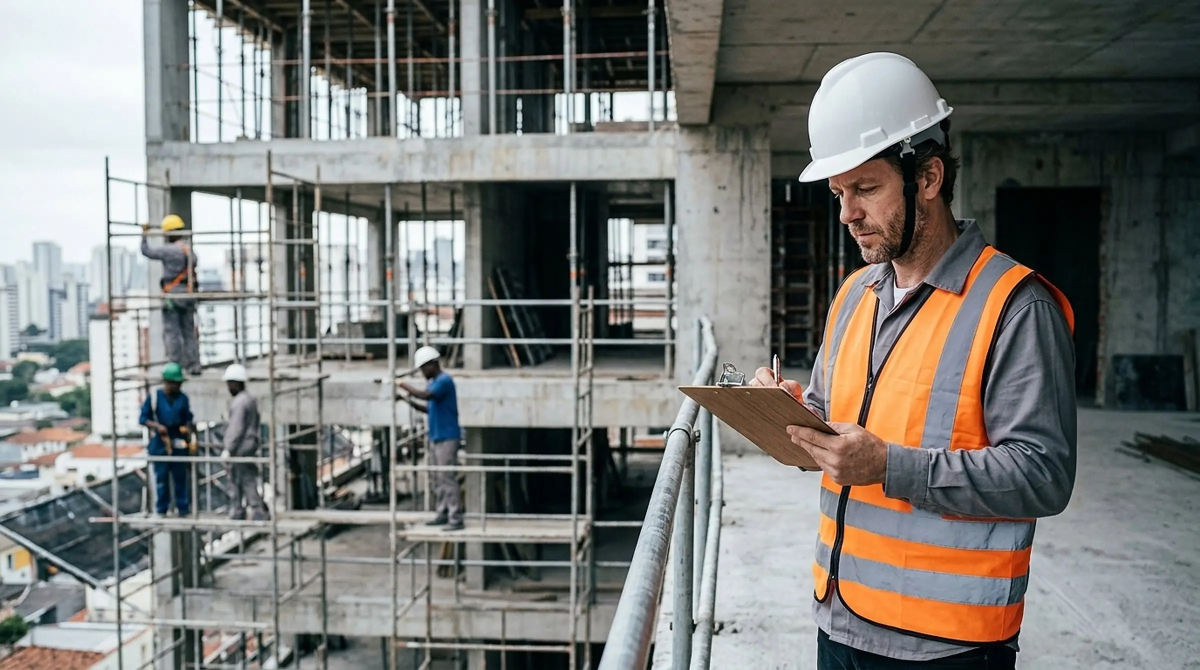Técnico de segurança com capacete e colete preenche um checklist numa obra em construção