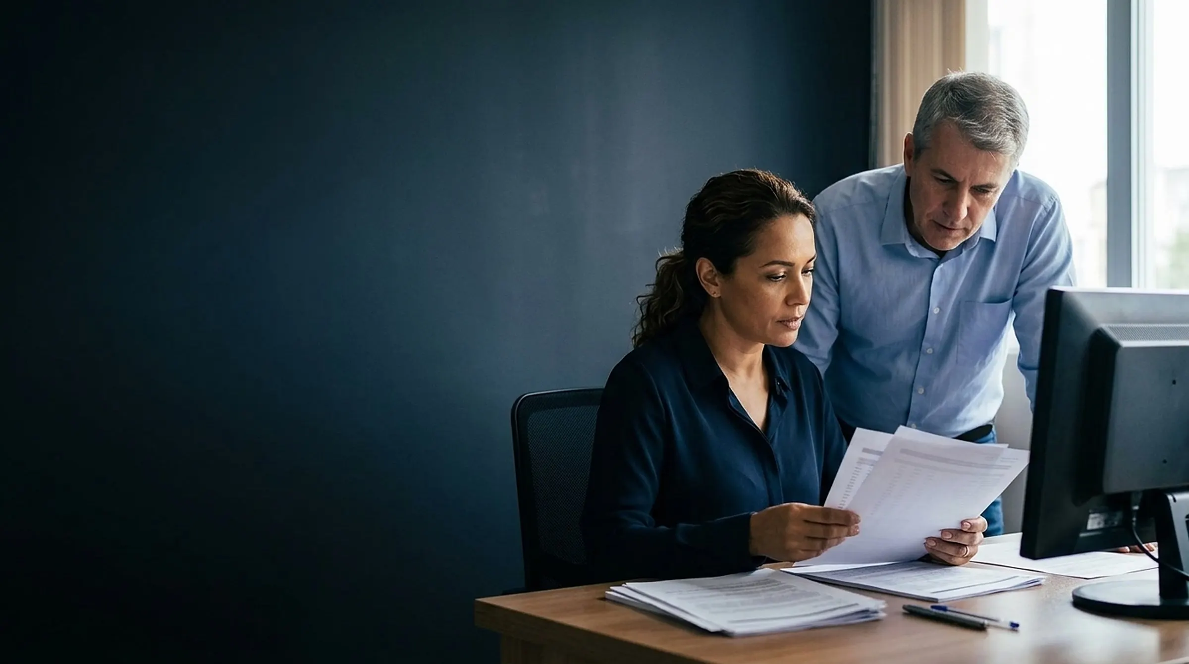 Gestora e colega analisam relatórios impressos num escritório
