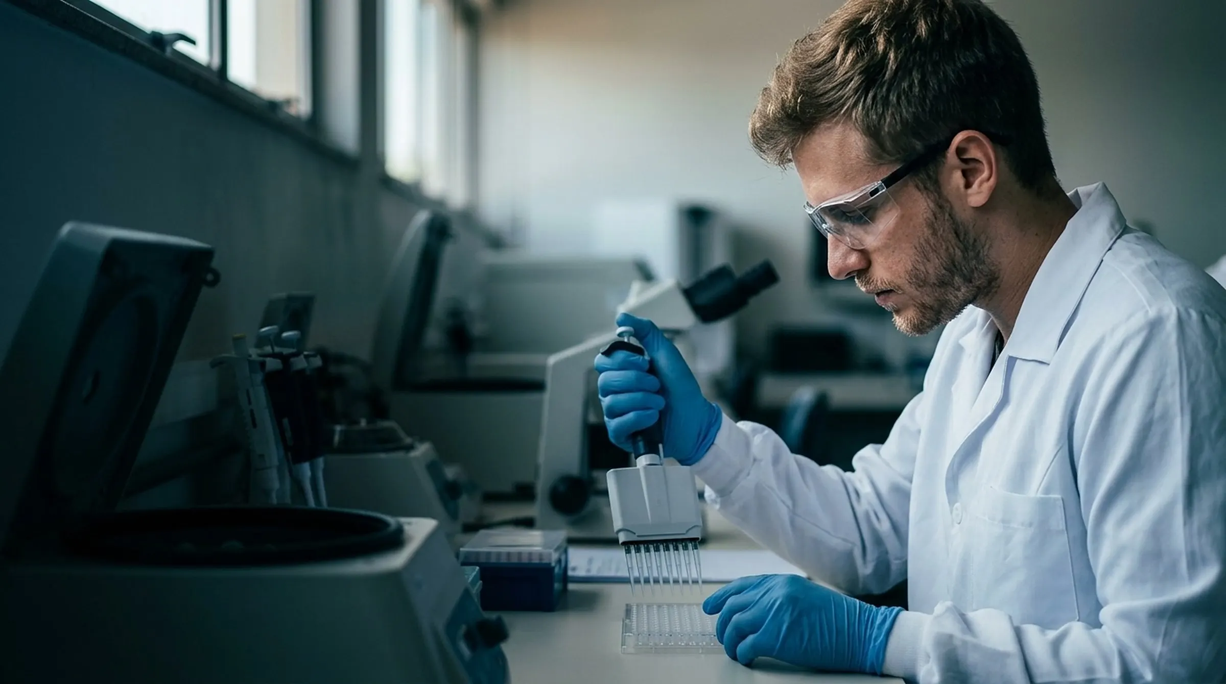 Técnico de laboratório pipeta amostras numa microplaca
