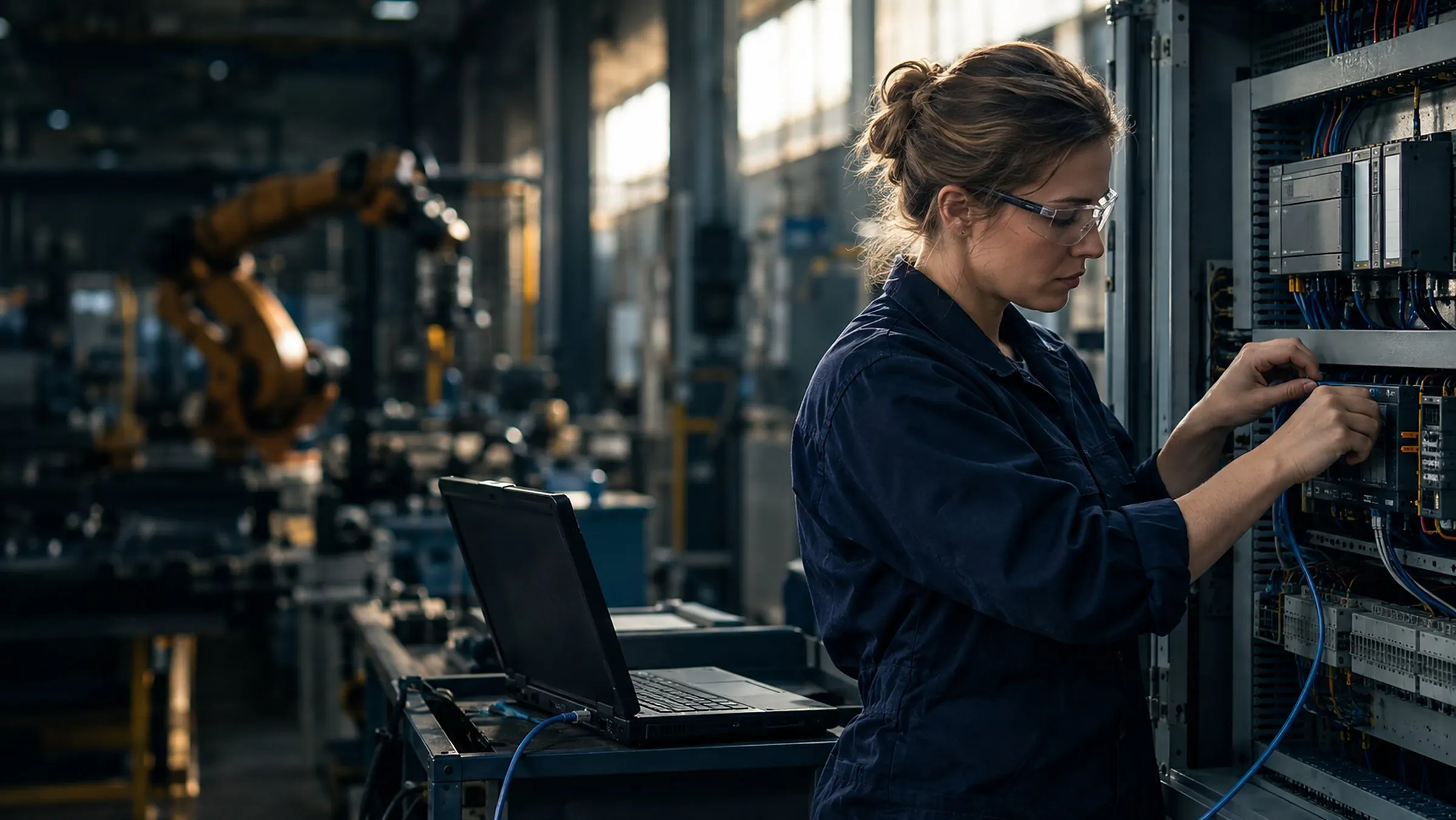 Técnica conecta um notebook a um controlador lógico num painel industrial
