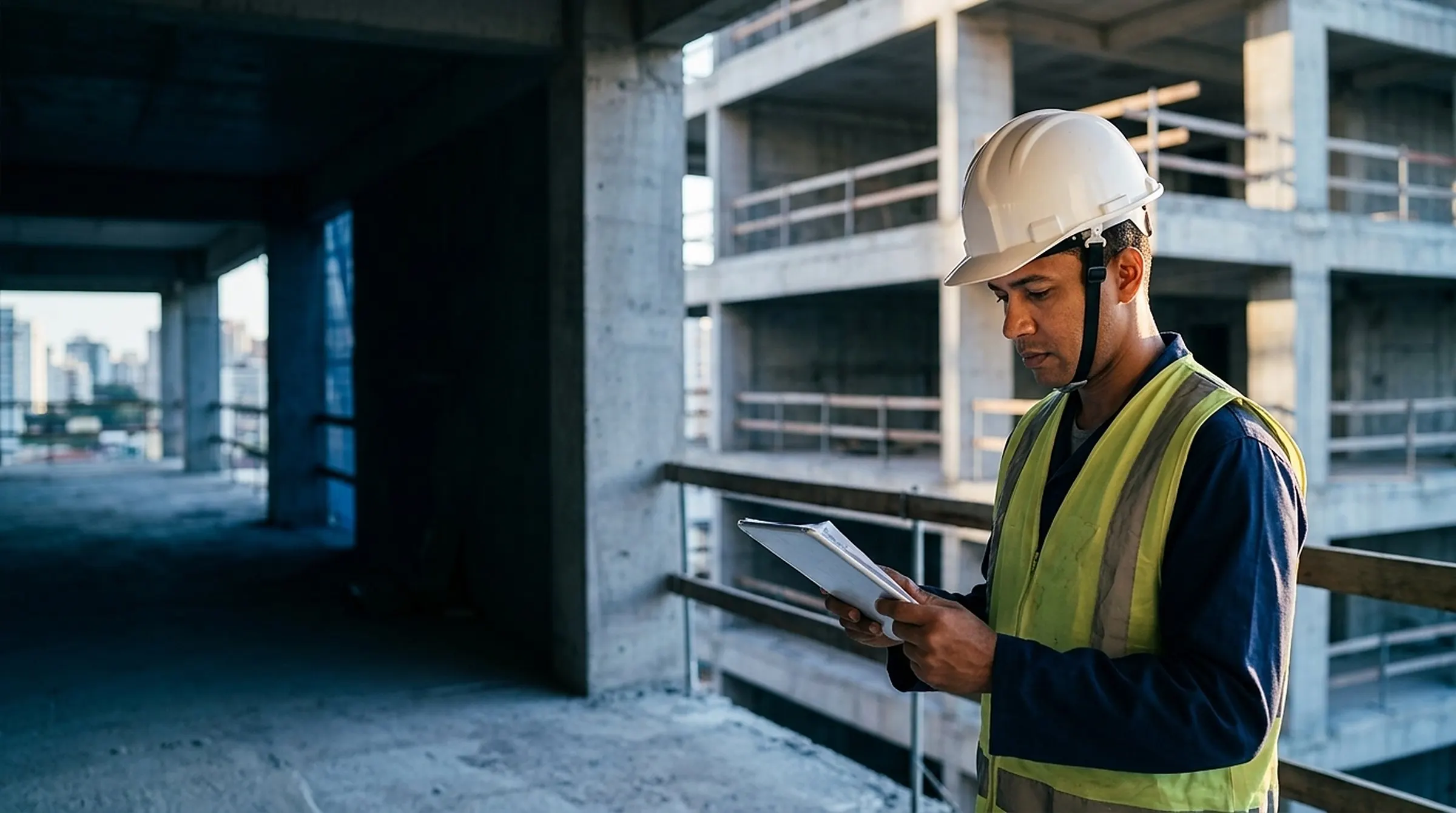 Técnico de capacete confere a planta da obra num tablet diante de um edifício em construção