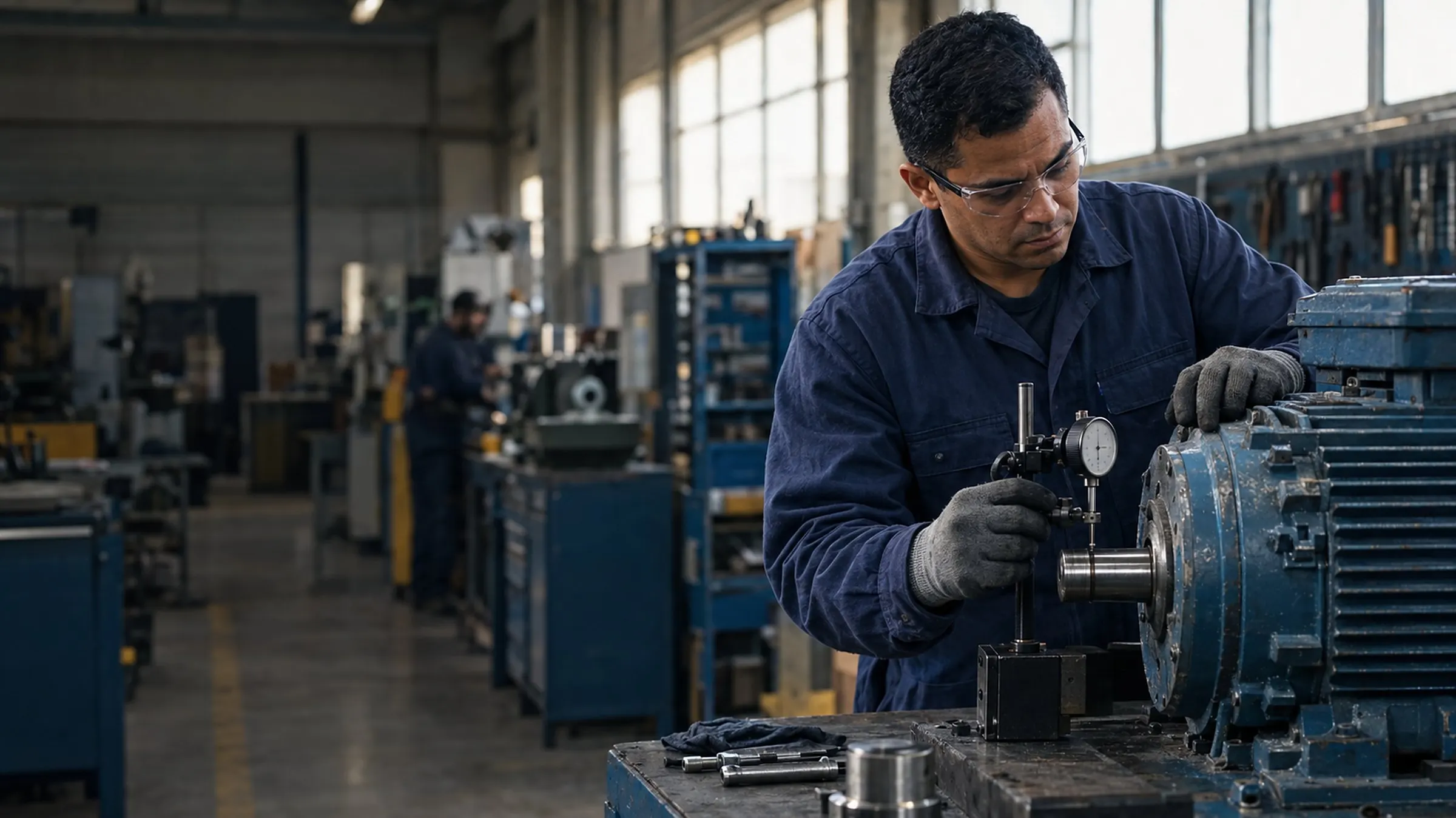 Técnico mede o eixo de um motor elétrico com relógio comparador
