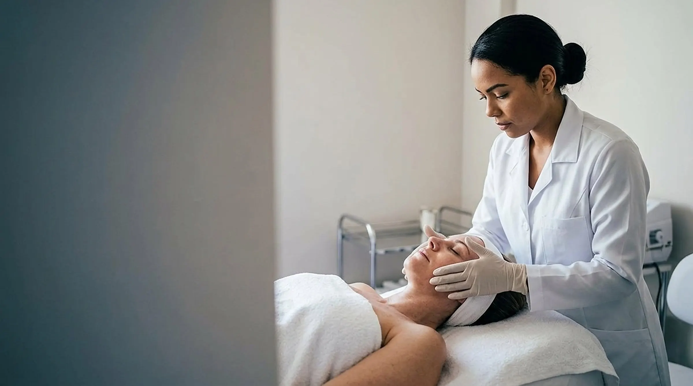 Esteticista aplica um tratamento facial numa cliente deitada na maca