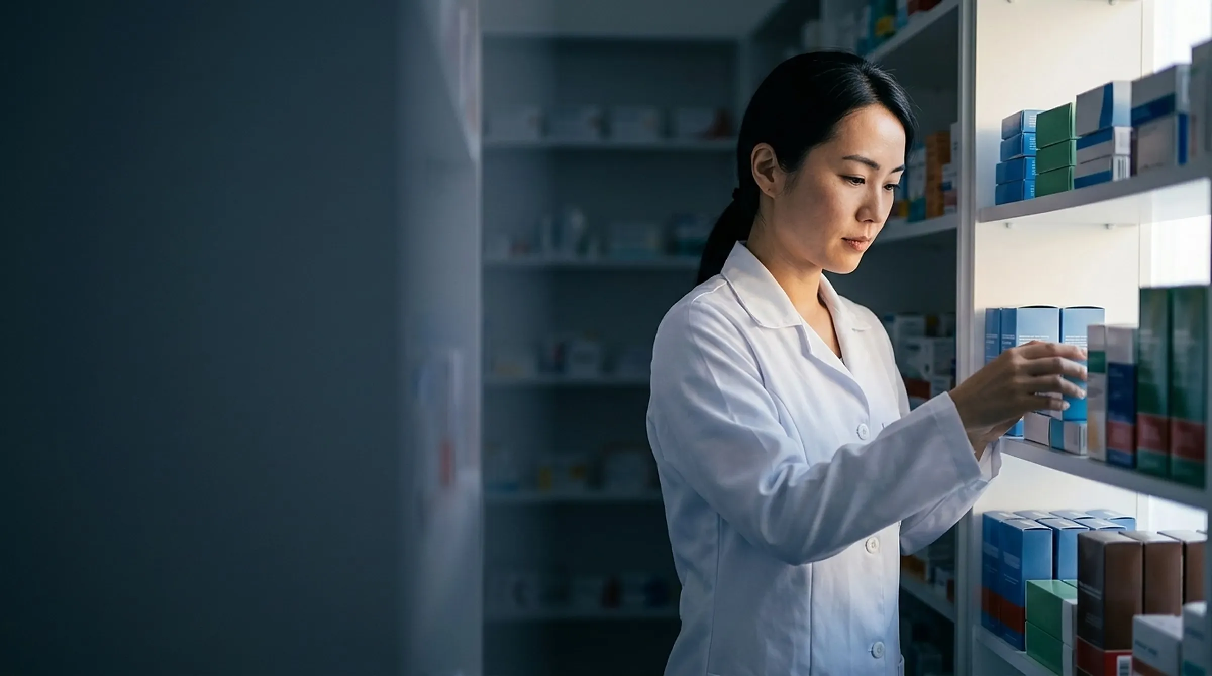 Técnica em farmácia organiza caixas de medicamentos na prateleira