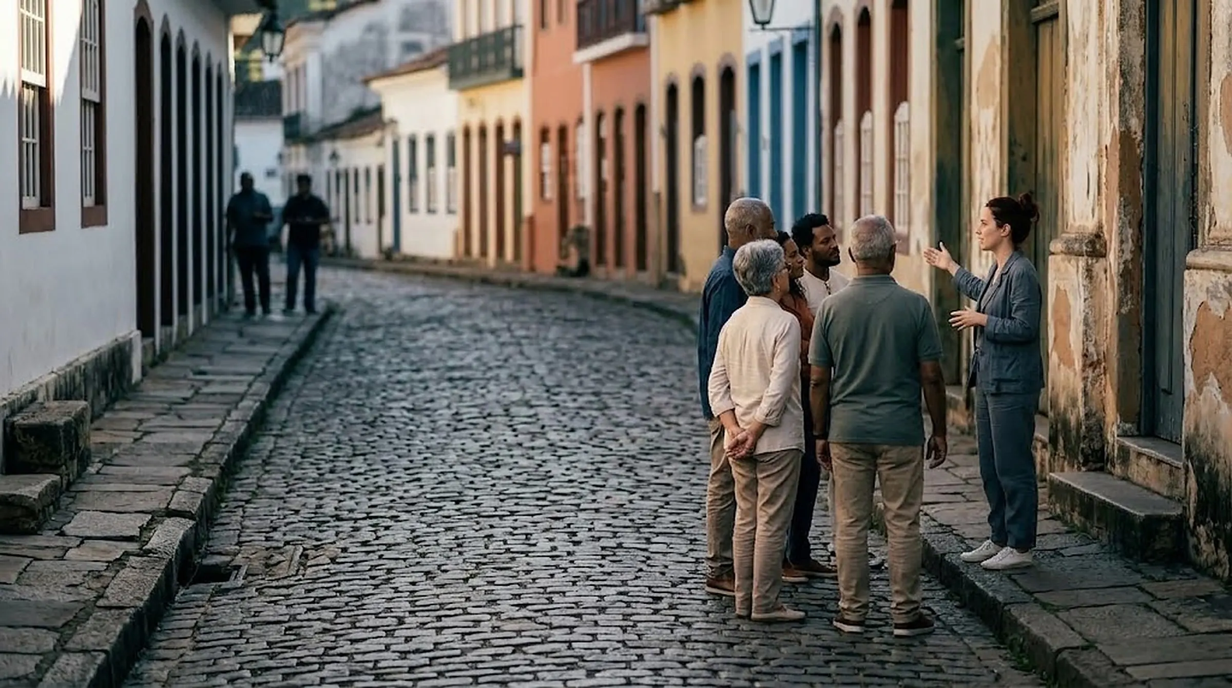 Guia de turismo conduz um grupo de visitantes por uma rua de centro histórico
