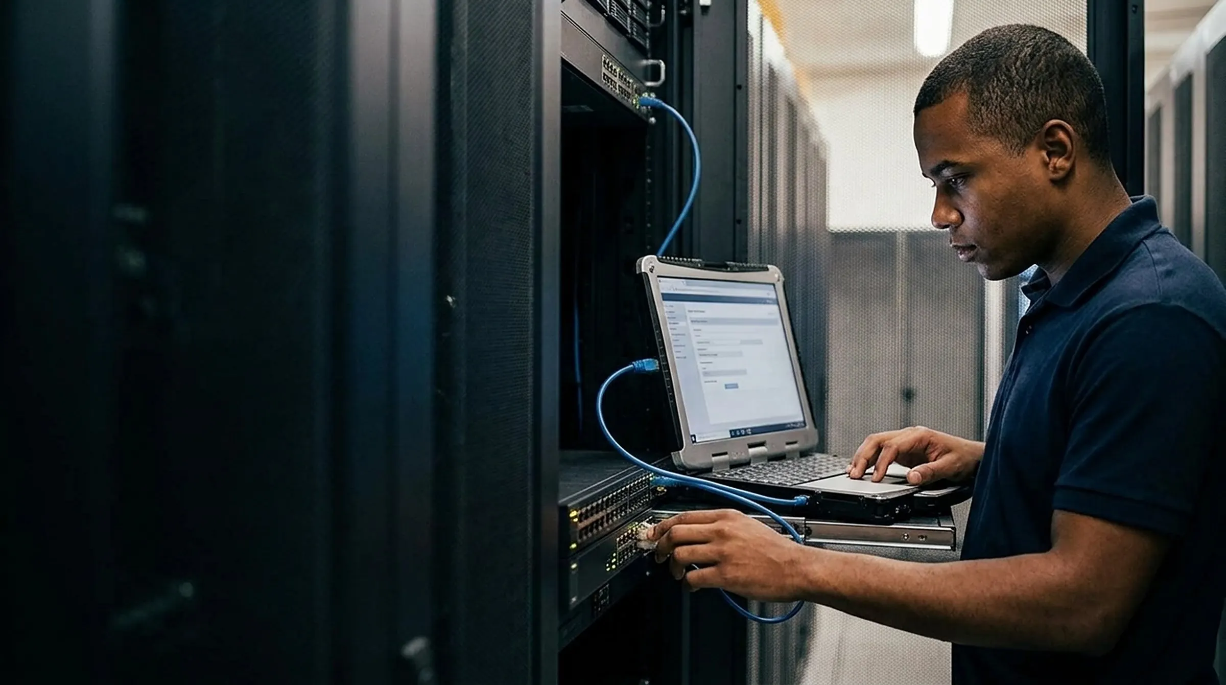 Técnico configura um switch de rede com um notebook conectado ao rack