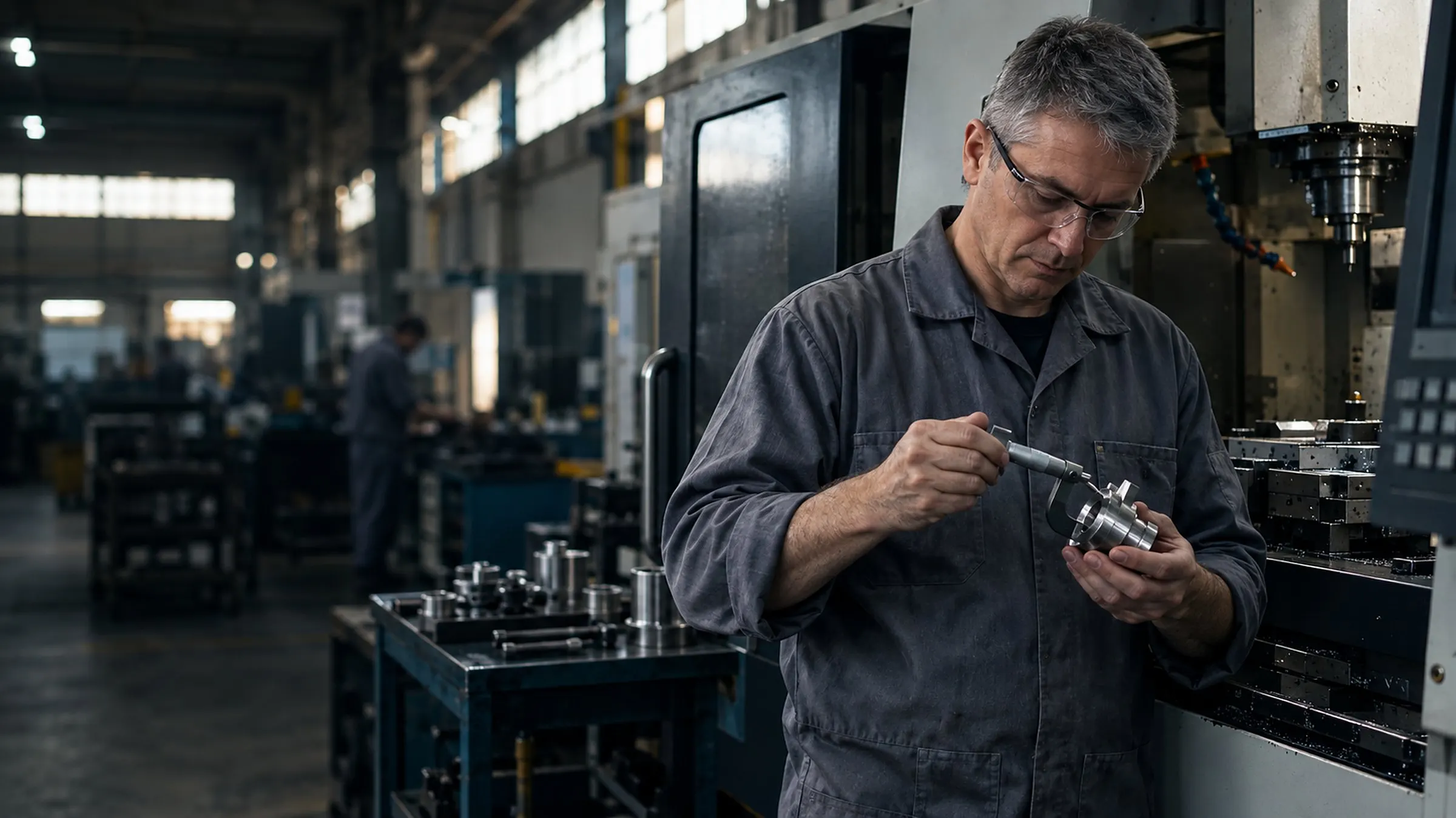 Técnico confere com micrômetro uma peça usinada ao lado de uma fresadora