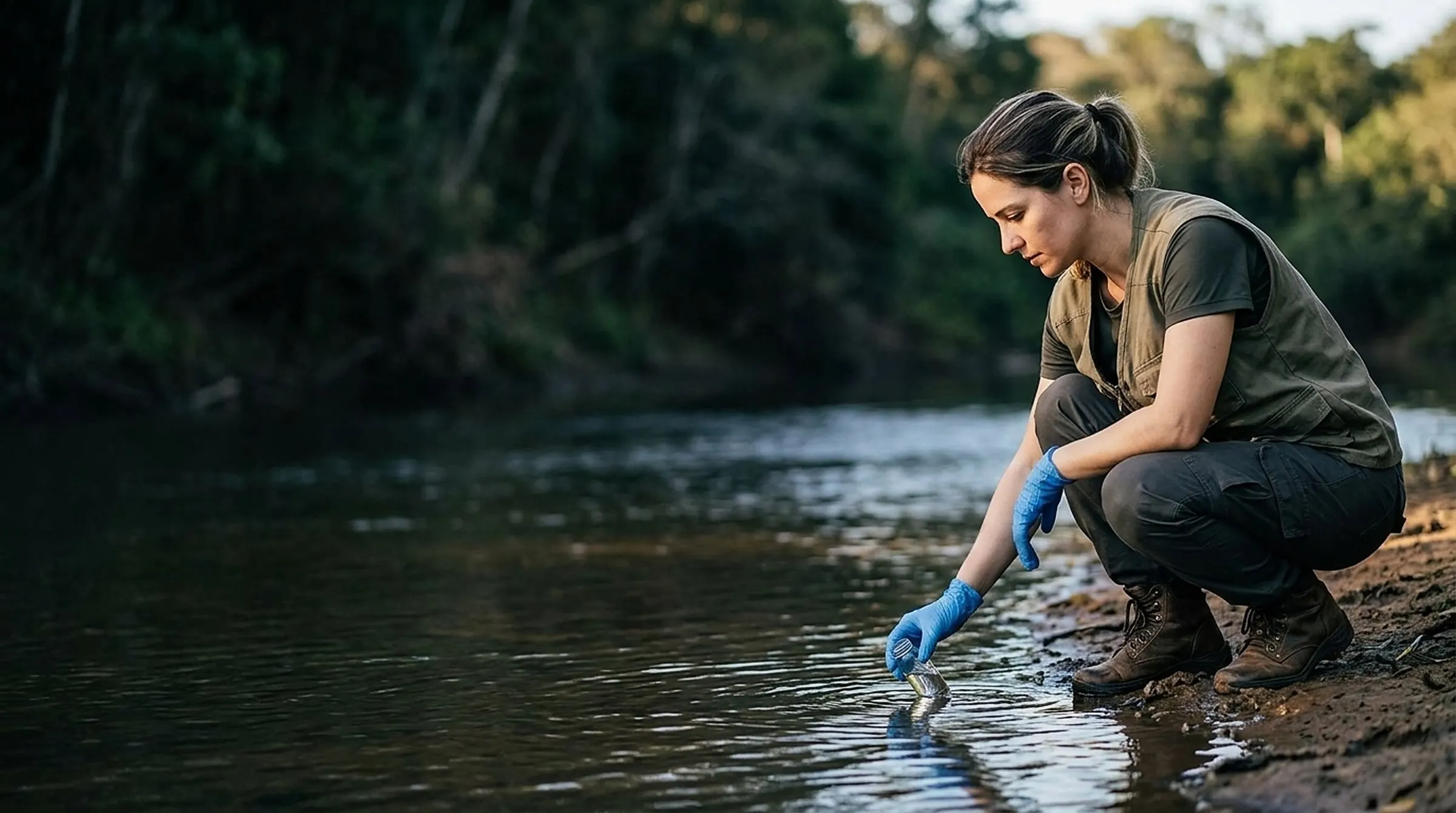 Técnica ambiental coleta uma amostra de água na margem de um rio