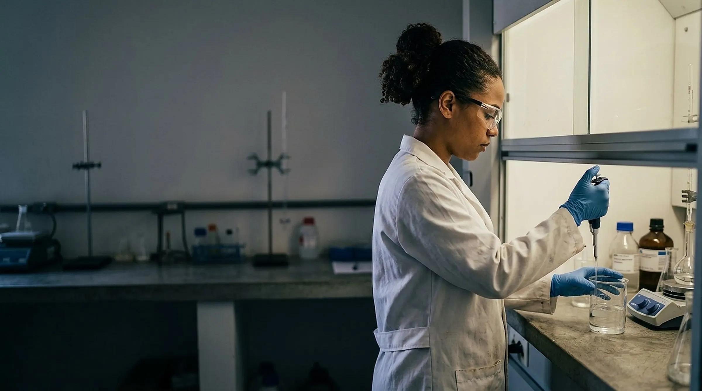 Técnica em química transfere um líquido para um béquer no laboratório