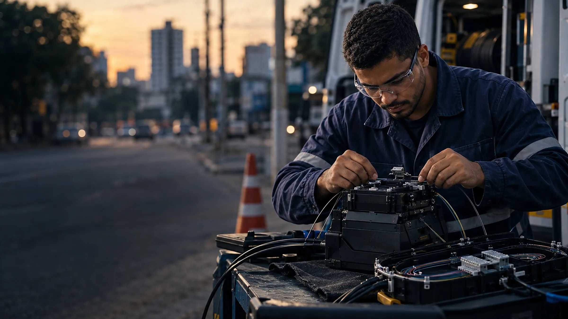 Técnico faz a fusão de fibra óptica numa bancada ao lado da van de serviço